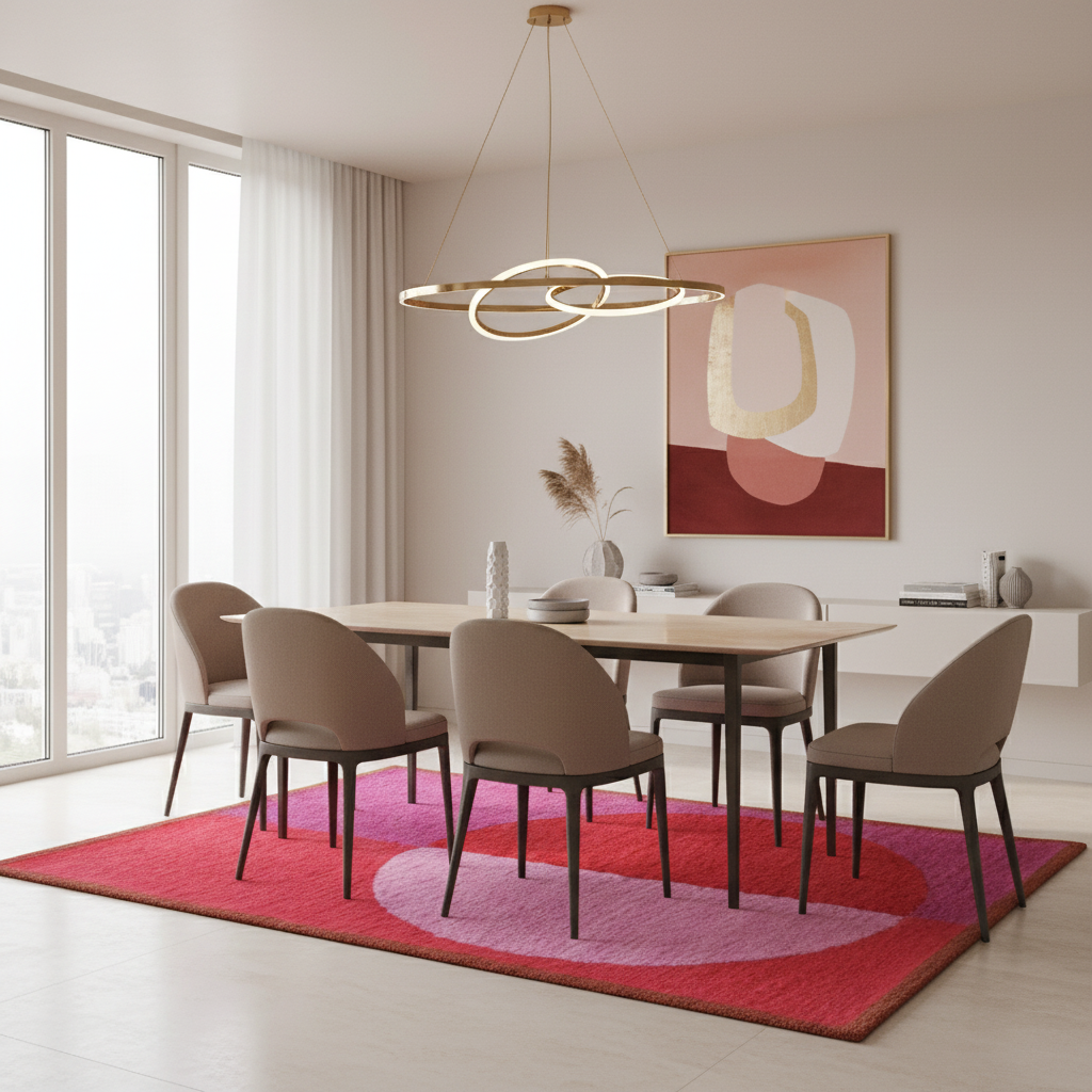 Modern dining room with a table and chairs on a pink rug, featuring a stylish light fixture.