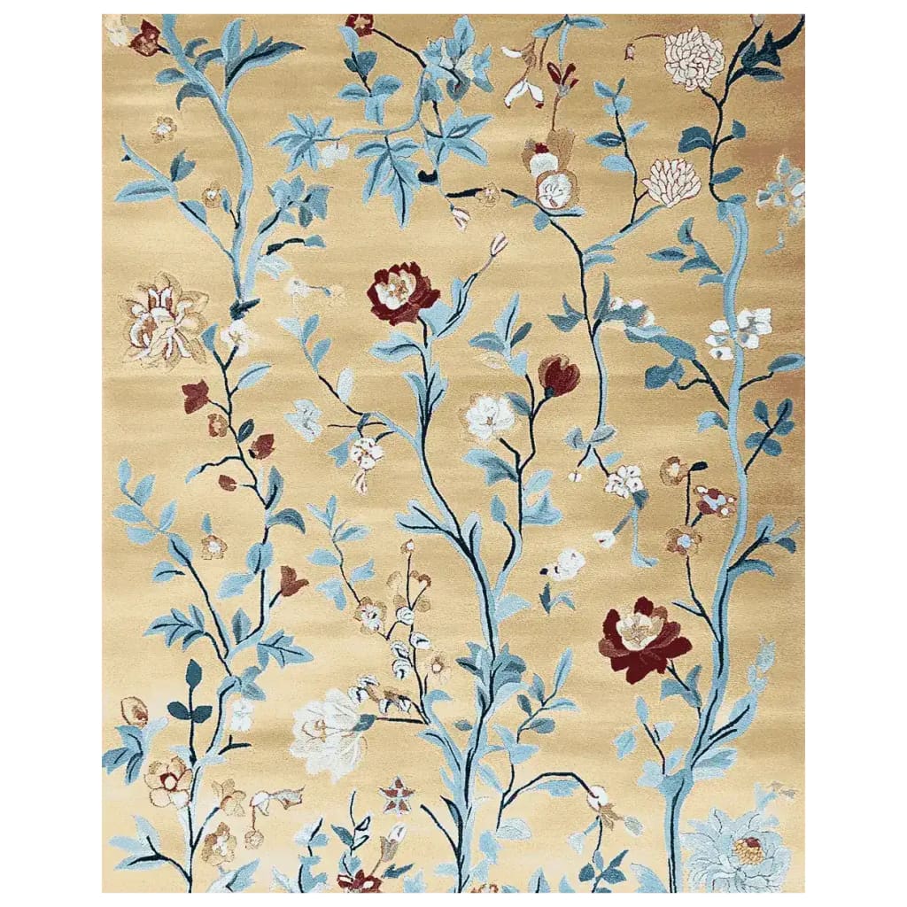 Elegant Golden Vine Rhapsody hand-tufted area rug showcasing a beautiful floral design with blue and red accents on a warm beige background. Perfect as a wool rug for large living rooms, this area rug adds sophistication and charm to any space.