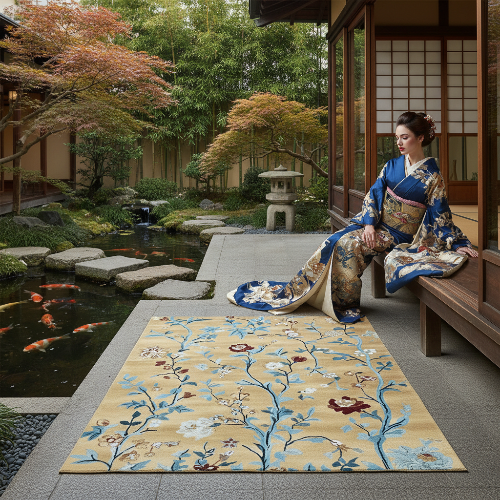 Woman in a traditional kimono sitting on a bench by a pond with a decorative yellow floral rug in front.