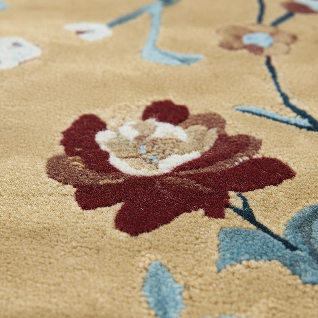 Close-up of a floral patterned rug with red flowers and green leaves on a beige background.