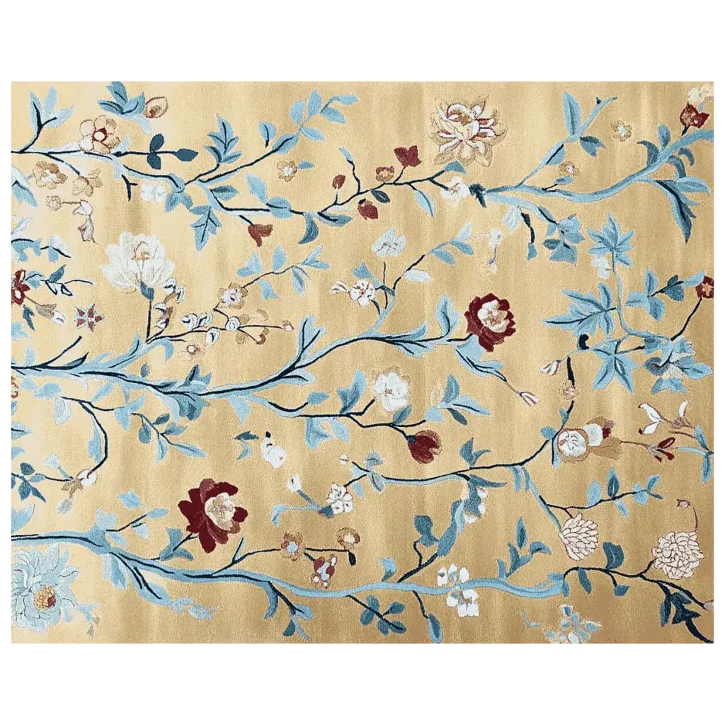 A beautifully crafted area rug titled 'Golden Vine Rhapsody Hand Tufted Rug', showcasing an intricate floral design with blue and red flowers on a soft golden background. This wool rug is perfect for adding elegance to large living rooms, making it a standout among area rugs for living room decor.