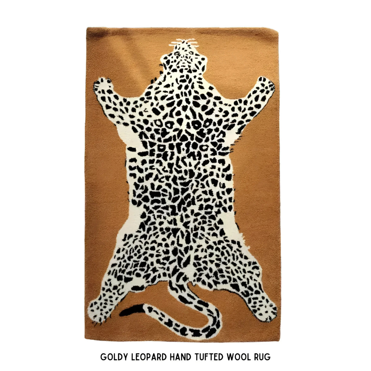 Top view of the Goldy Leopard Hand Tufted Wool Rug, featuring a striking leopard pattern on a warm brown background. Perfect as an area rug for the living room, this large living room rug brings a bold, exotic touch to any space with its high-quality wool texture.