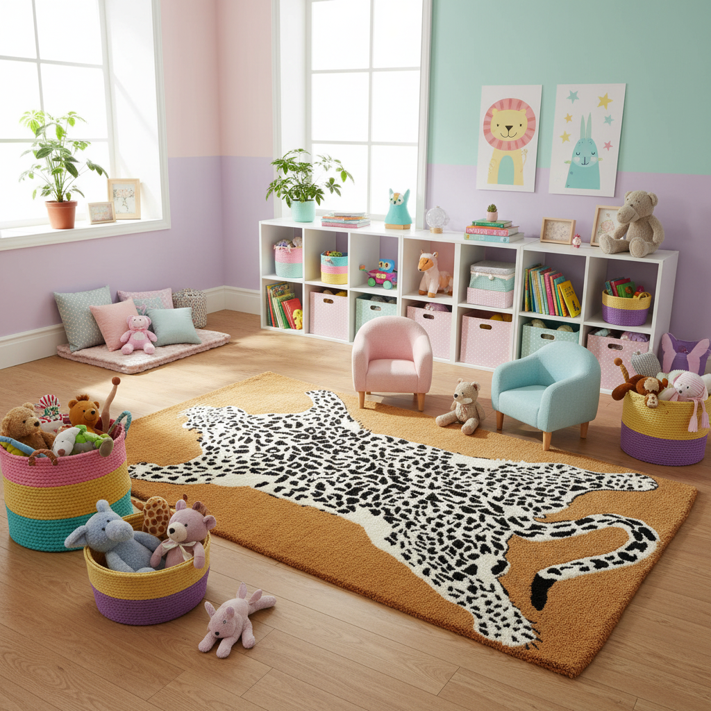 Children's playroom with toys, books, and a leopard print rug on a wooden floor.