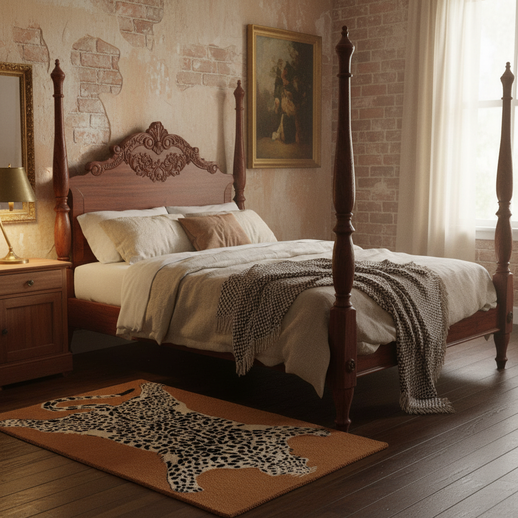 Bedroom with wooden four-poster bed, nightstands, and decorative elements.