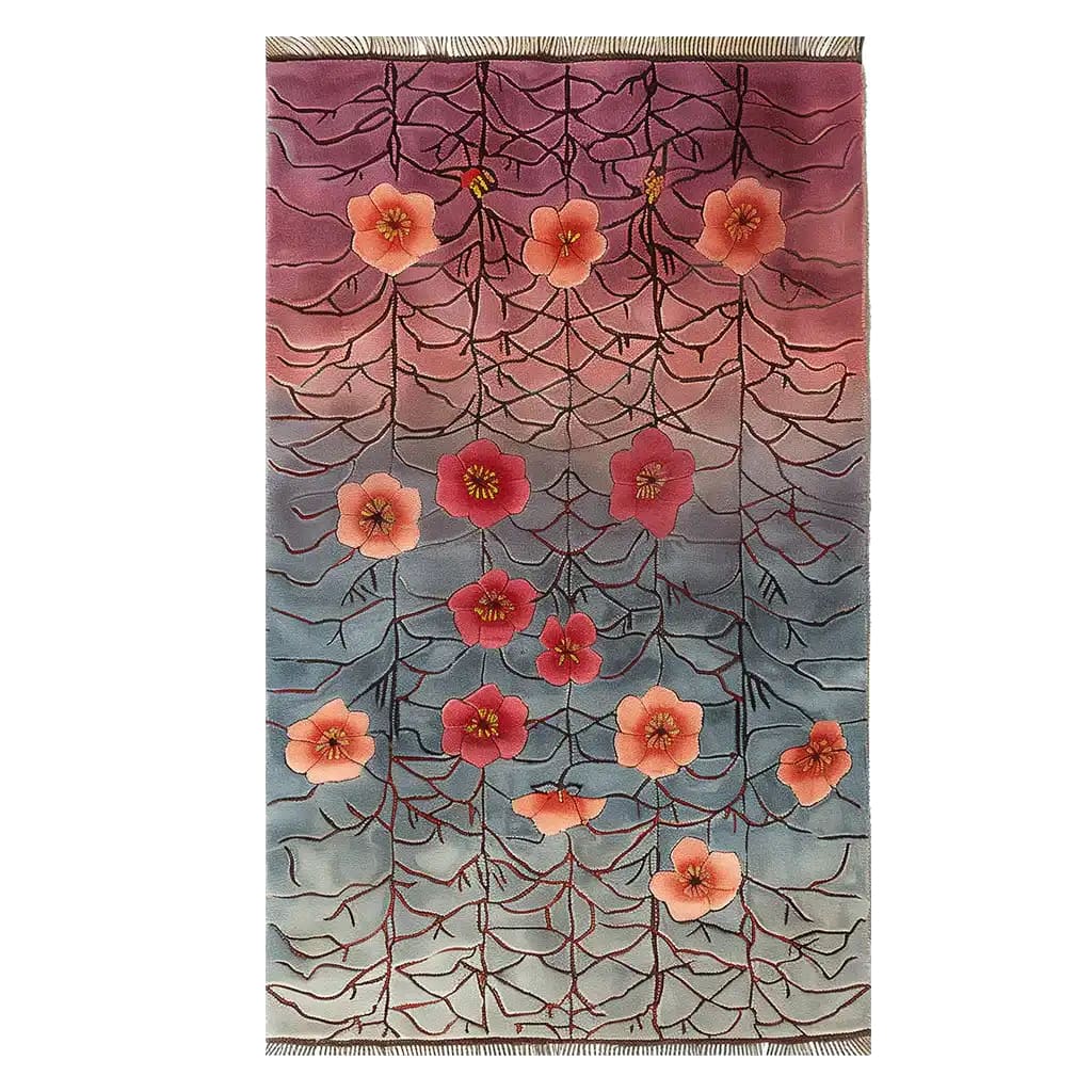 The Gossamer Dawn Knotted Wool Rug is a stunning area rug perfect for enhancing living room decor. Featuring a beautiful gradient from pink to blue, this wool rug showcases an abstract floral pattern with vibrant red and orange flowers, making it a standout piece among rugs for living room spaces.