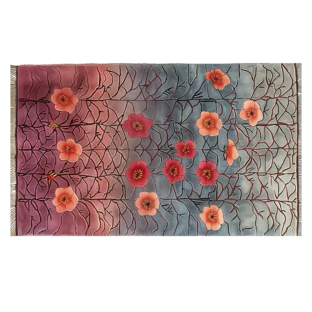 The Gossamer Dawn Knotted Wool Rug features a stunning floral design with red and orange blossoms set against a gradient backdrop of blue and pink. This elegant area rug adds a touch of sophistication to living room spaces, perfect for those seeking quality wool rugs and stylish living room area rugs.