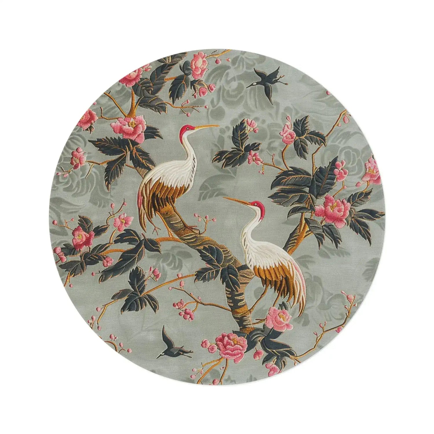 Graceful Crane and Blossom Pattern Round Rug flat lay, two white cranes among pink peony blooms and dark leaves on sage-green