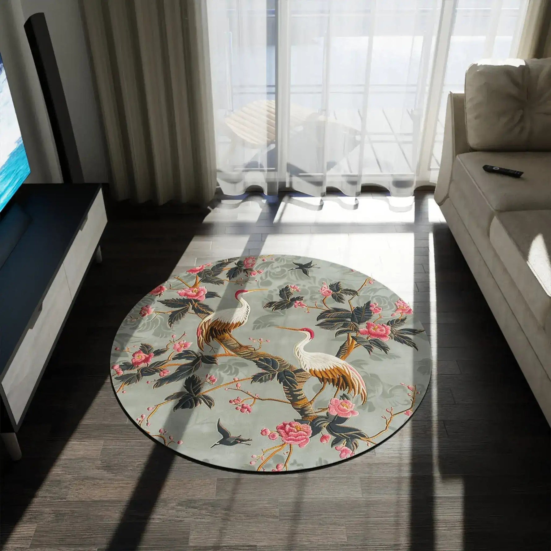 Graceful Crane and Blossom Round Rug at an angle in a softly lit room, sage-green crane and pink blossom print visible