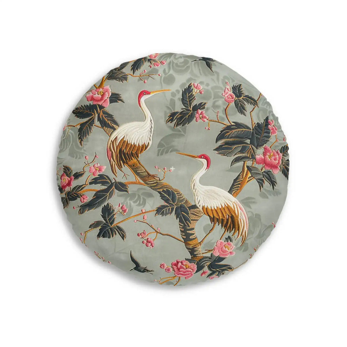 Graceful Crane and Blossom Pattern Floor Pillow isolate showing single crane reaching upward, sage-blue floral chinoiserie print