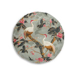 Graceful Crane and Blossom Pattern Floor Pillow isolate showing single crane reaching upward, sage-blue floral chinoiserie print