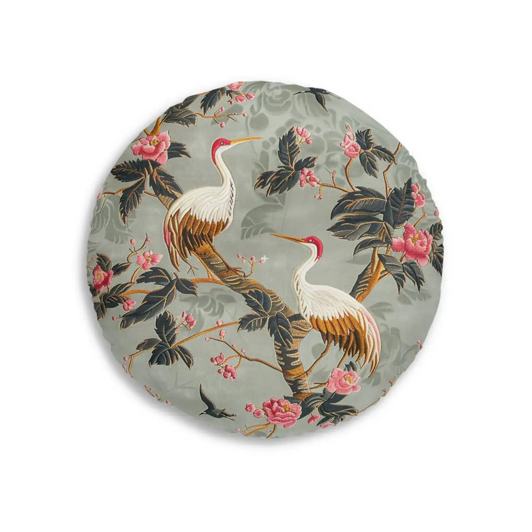 Graceful Crane and Blossom Pattern Floor Pillow isolate showing single crane reaching upward, sage-blue floral chinoiserie print