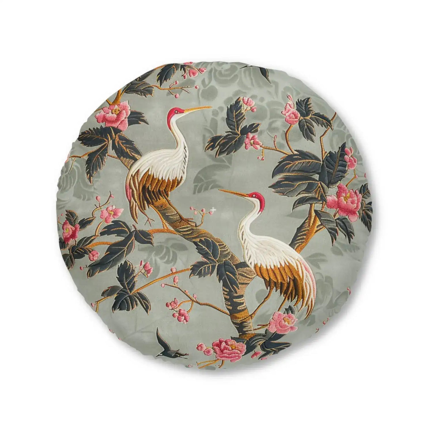 Graceful Crane and Blossom Pattern Floor Pillow close-up with paired white cranes on sage-green chinoiserie fabric, pink flowers