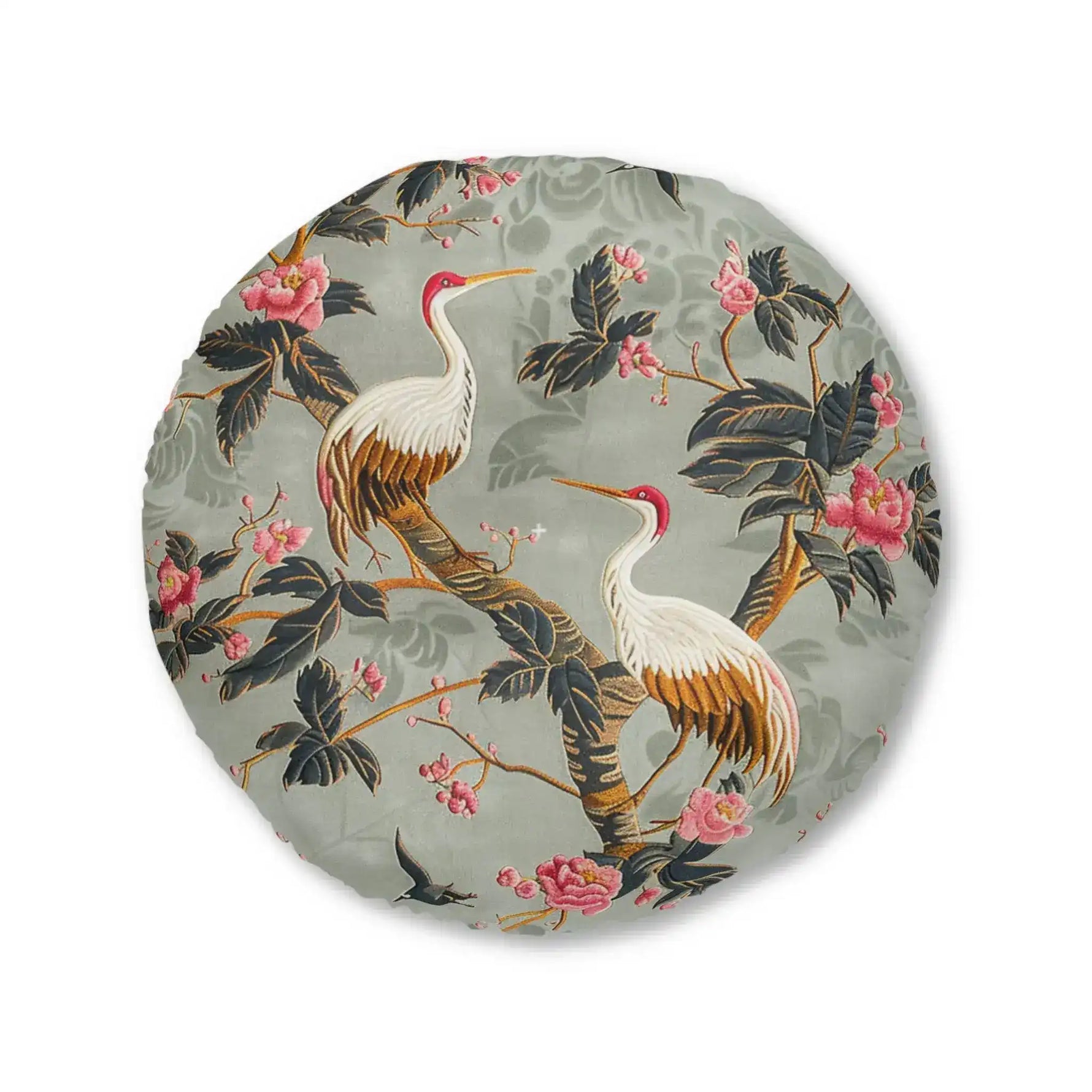 Graceful Crane and Blossom Pattern Floor Pillow close-up with paired white cranes on sage-green chinoiserie fabric, pink flowers