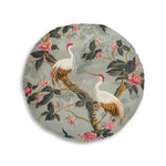 Graceful Crane and Blossom Pattern Floor Pillow front view, two cranes facing each other on leafy branches, sage chinoiserie