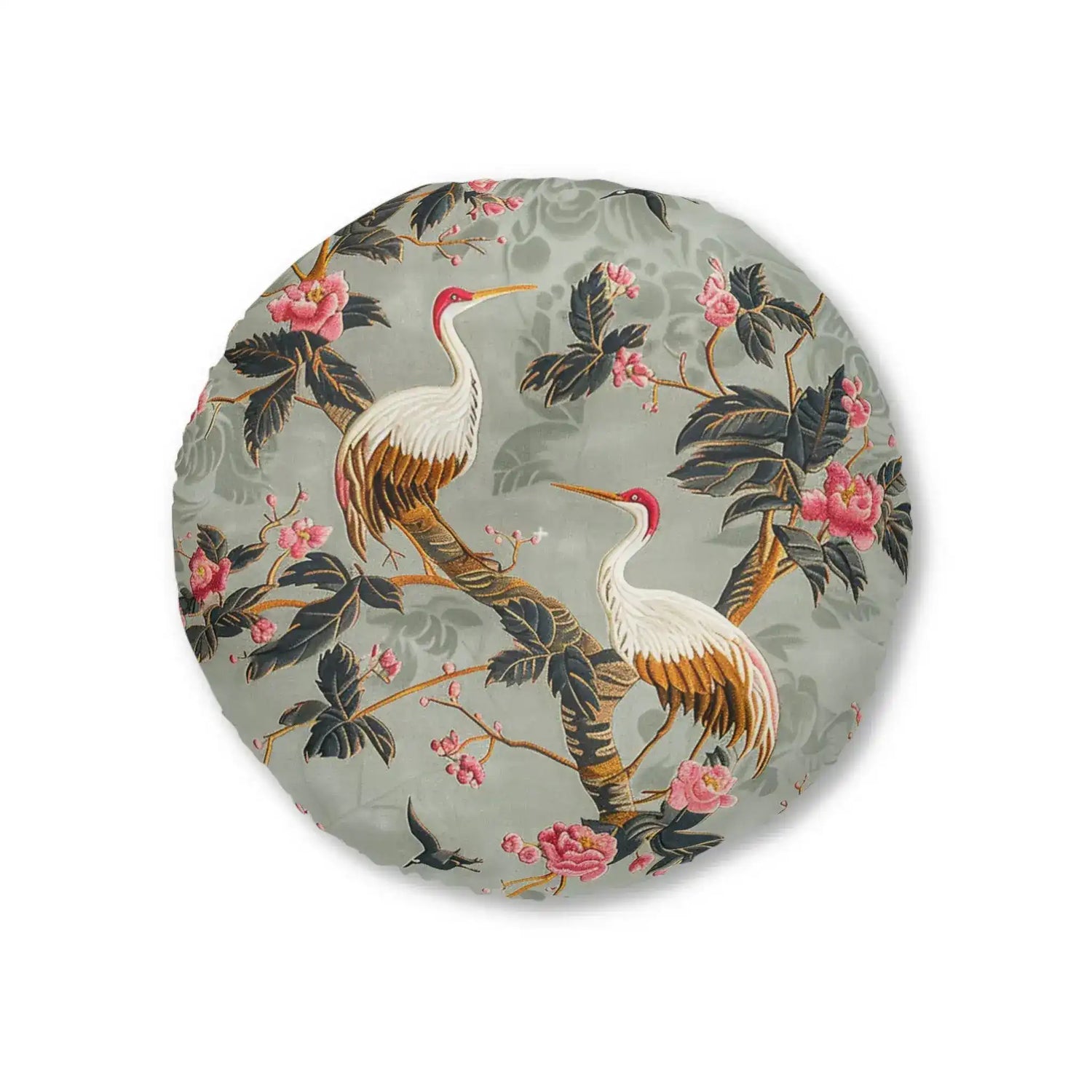 Round Graceful Crane and Blossom Pattern Floor Pillow with sage-green background, white cranes on branches, pink peony blossoms