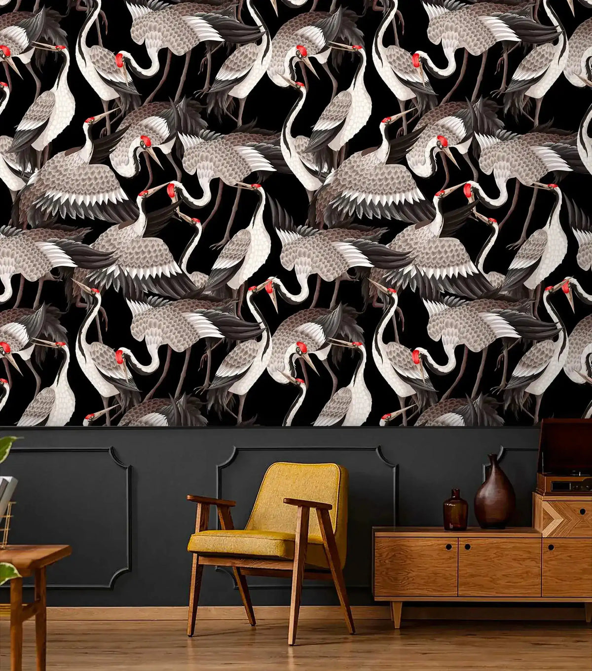 Graceful Crane Haven Wallpaper in black with grey cranes over a tan ottoman and credenza