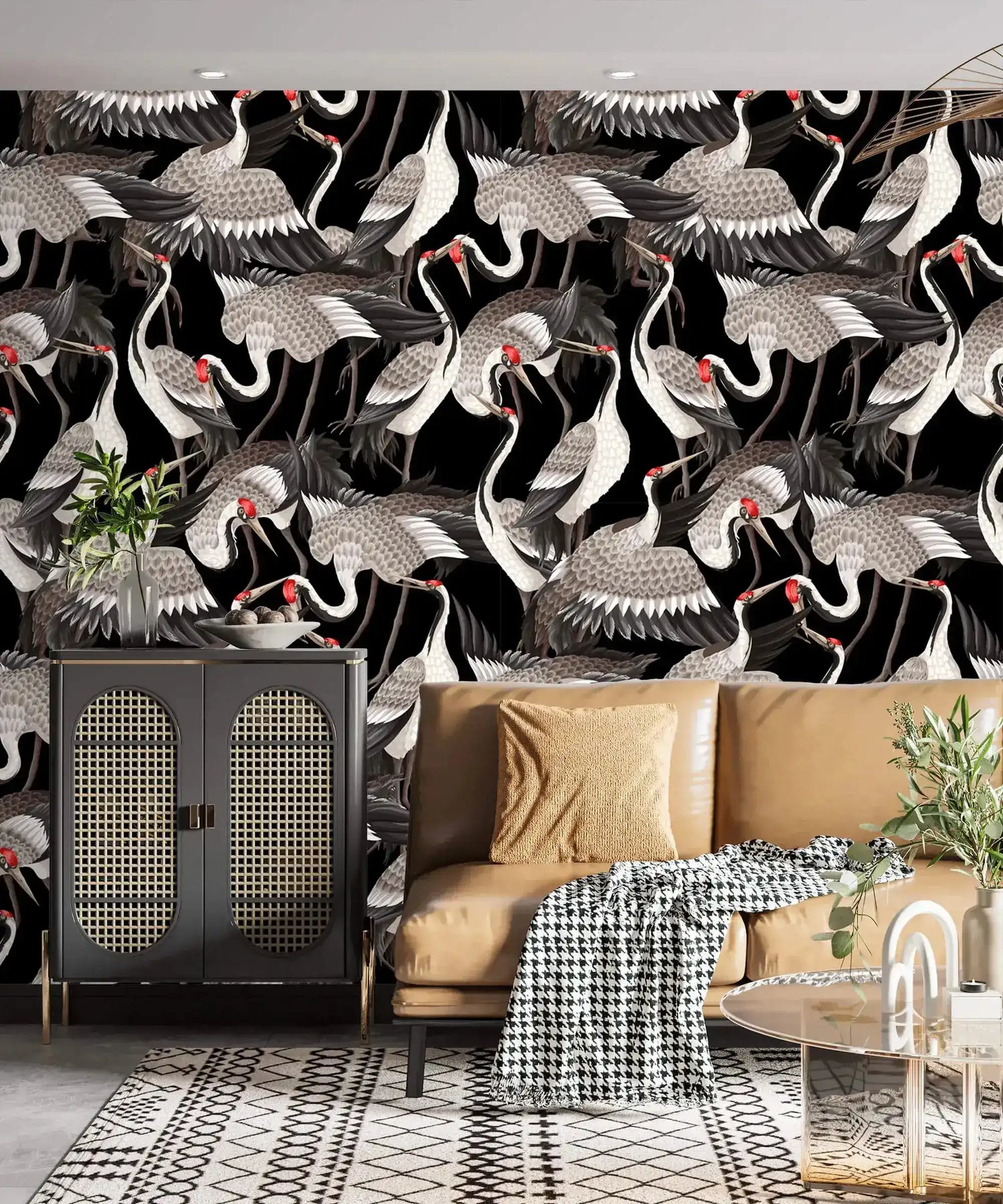 Graceful Crane Haven Wallpaper of red-crowned cranes above a caramel sofa and rattan cabinet