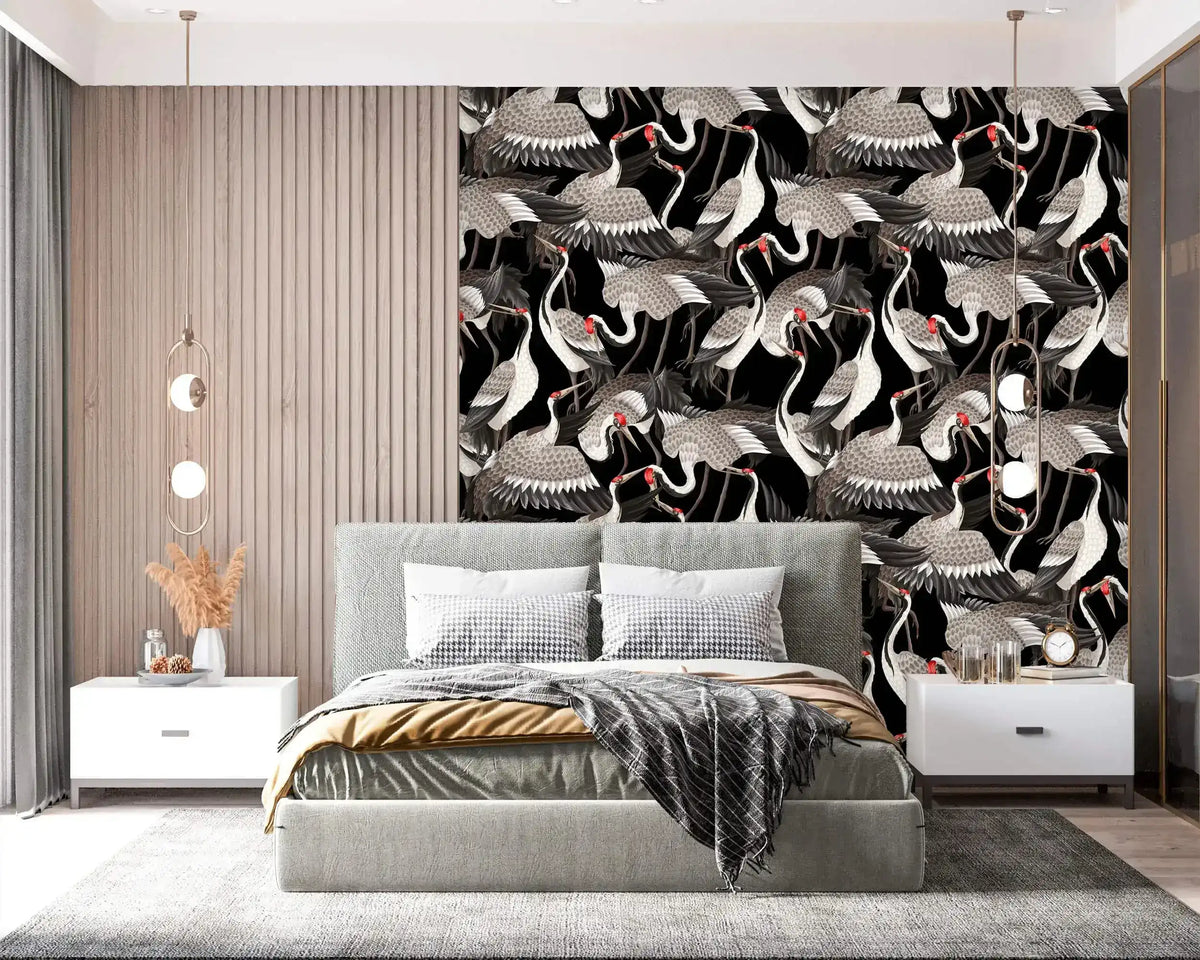 Graceful Crane Haven Wallpaper of white and grey cranes on black behind a grey bed