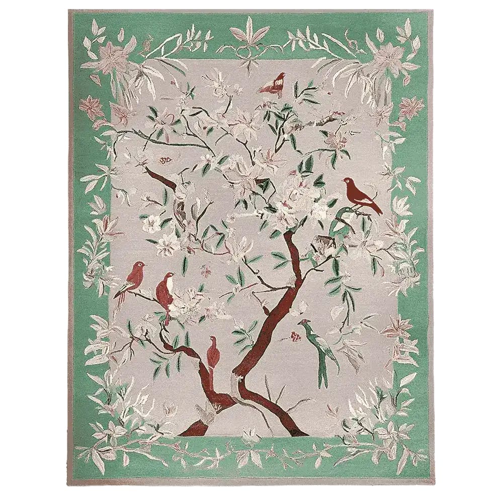 Graceful Eden Echo Hand Tufted Area Rug featuring a tranquil design of birds perched on branches with a soft green border. Perfect for adding elegance to large living room spaces, this wool rug combines nature-inspired aesthetics with comfort, making it an ideal choice for area rugs in the living room.