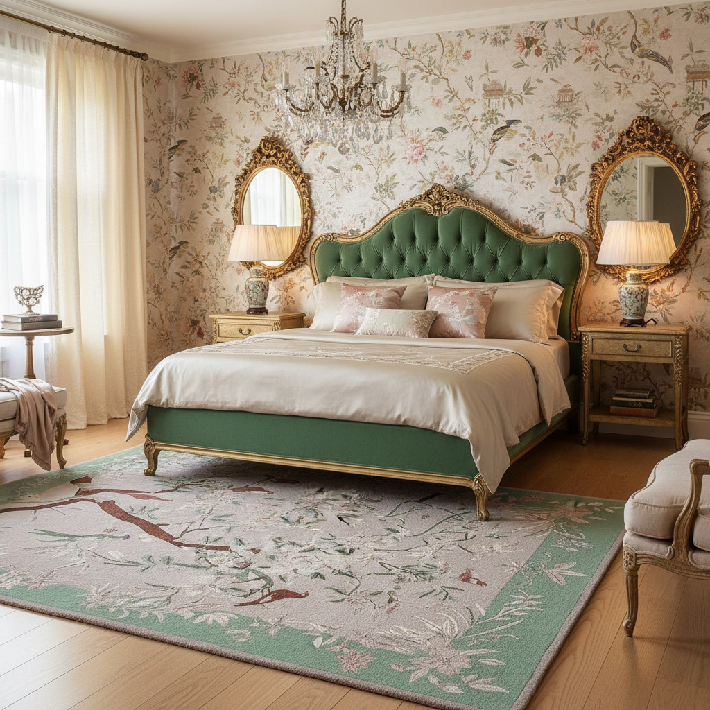 Luxurious bedroom with green upholstered bed, floral wallpaper, and ornate mirrors.