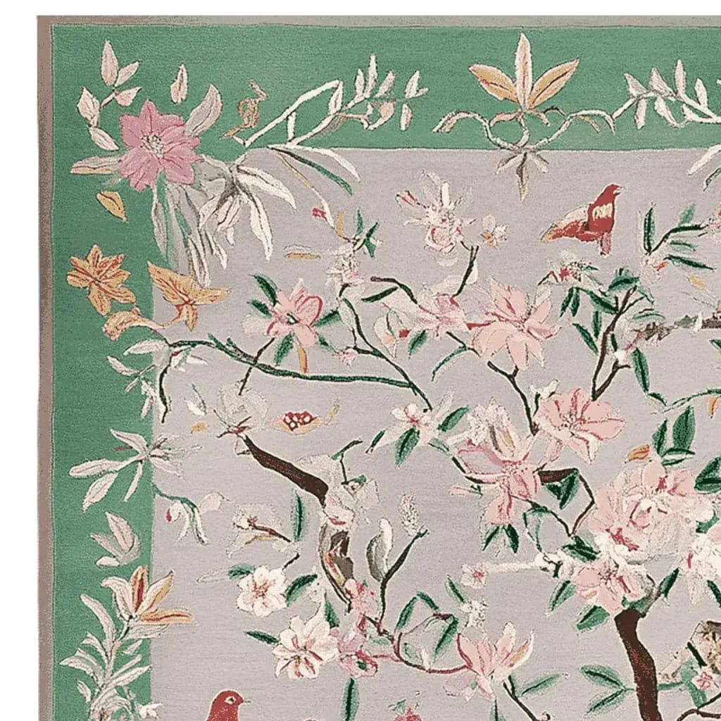 Graceful Eden Echo Hand Tufted Area Rug featuring a beautiful floral design with pink blossoms and green leaves on a soft gray background, perfect for enhancing large living room spaces. This wool rug brings elegance and style to any area, making it an ideal choice for area rugs in the living room.