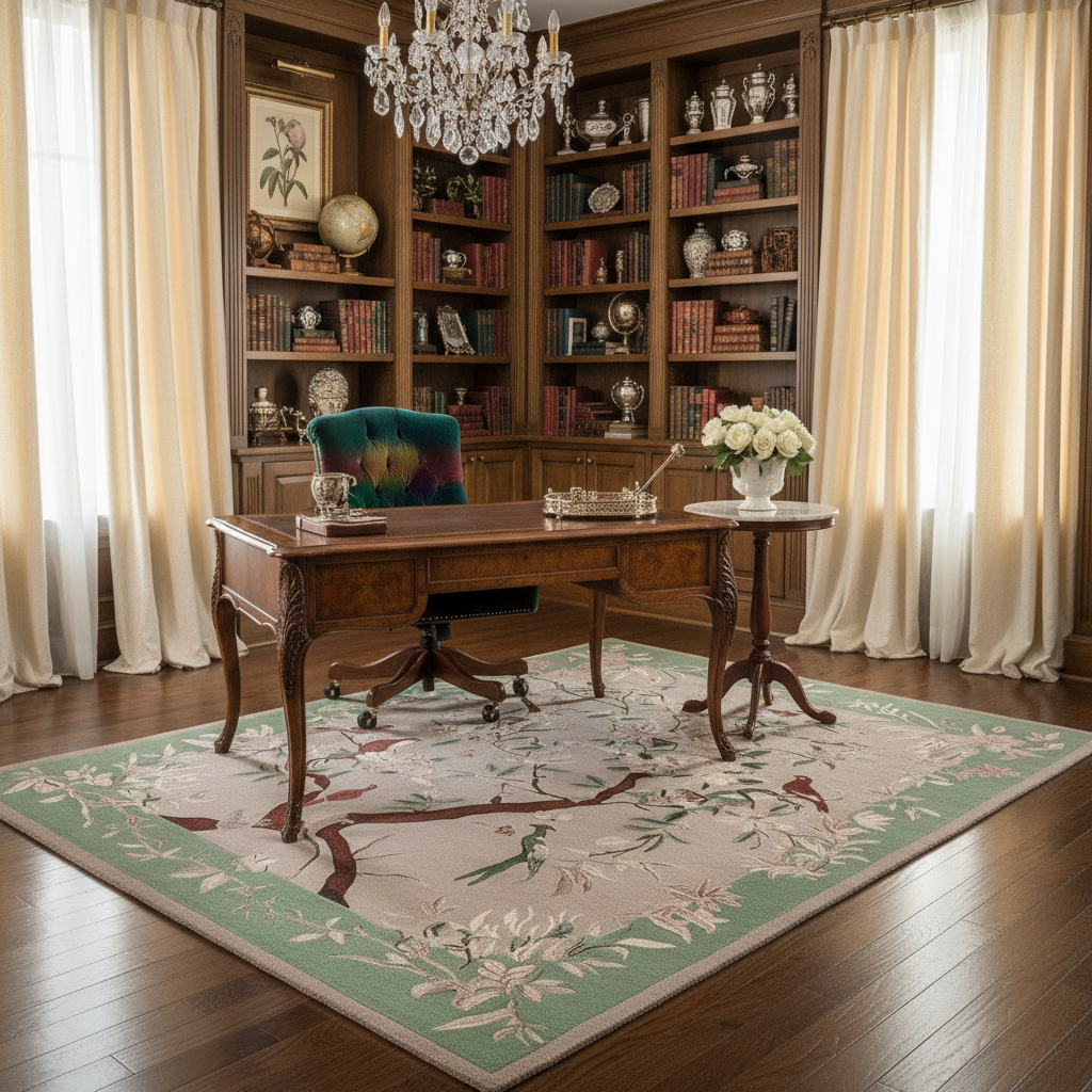 Classical office with wooden desk, bookshelves, a floral wool rug, and decorative elements.