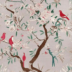Beautiful area rug featuring a hand-tufted wool design with a graceful tree branch pattern and colorful birds, perfect for large living rooms. This elegant area rug brings a touch of nature into your living room decor.