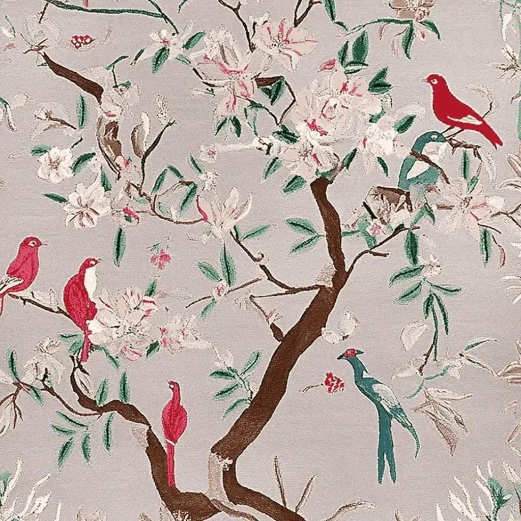 Beautiful area rug featuring a hand-tufted wool design with a graceful tree branch pattern and colorful birds, perfect for large living rooms. This elegant area rug brings a touch of nature into your living room decor.