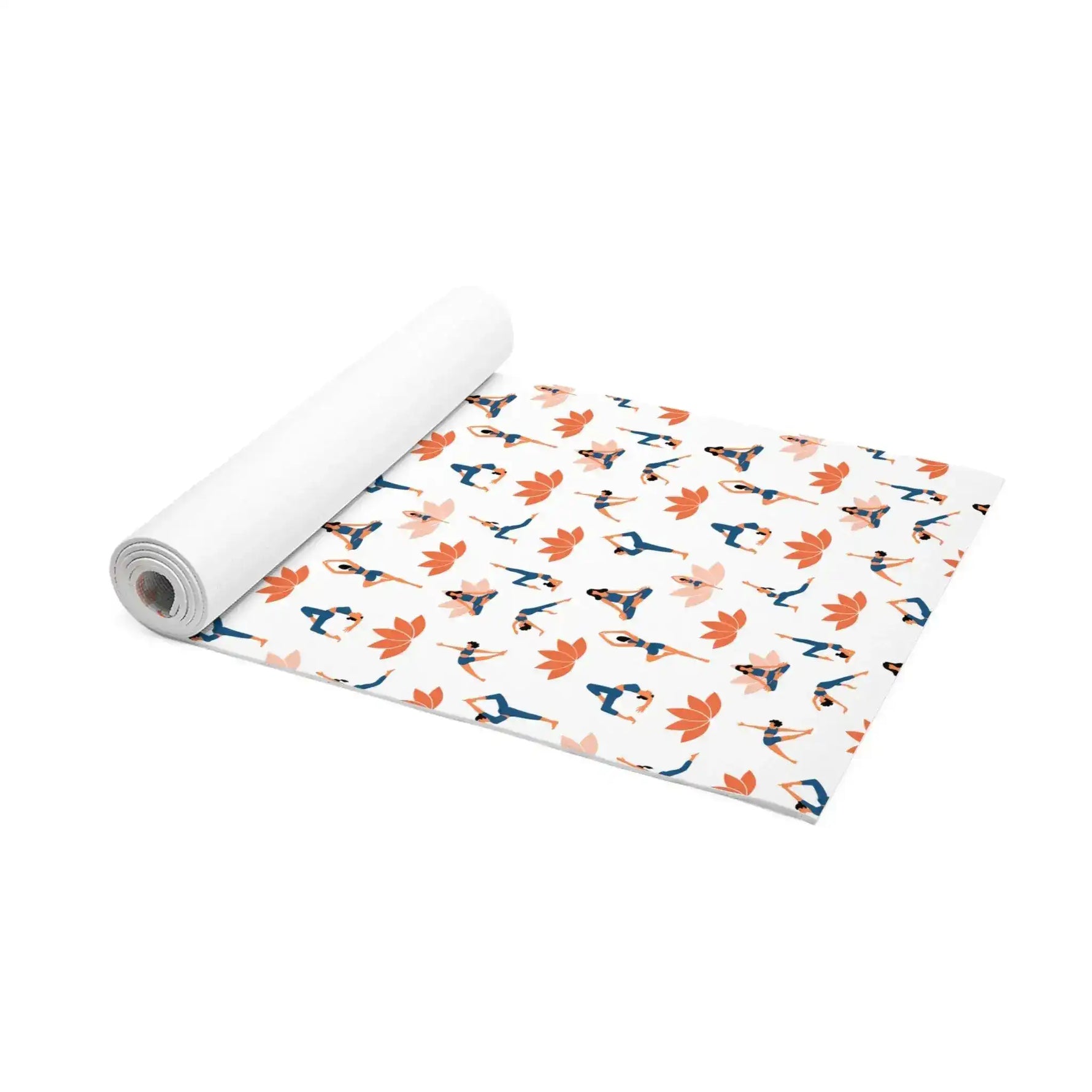 Graceful Lotus mat half rolled showing white underside and lotus and yoga figures
