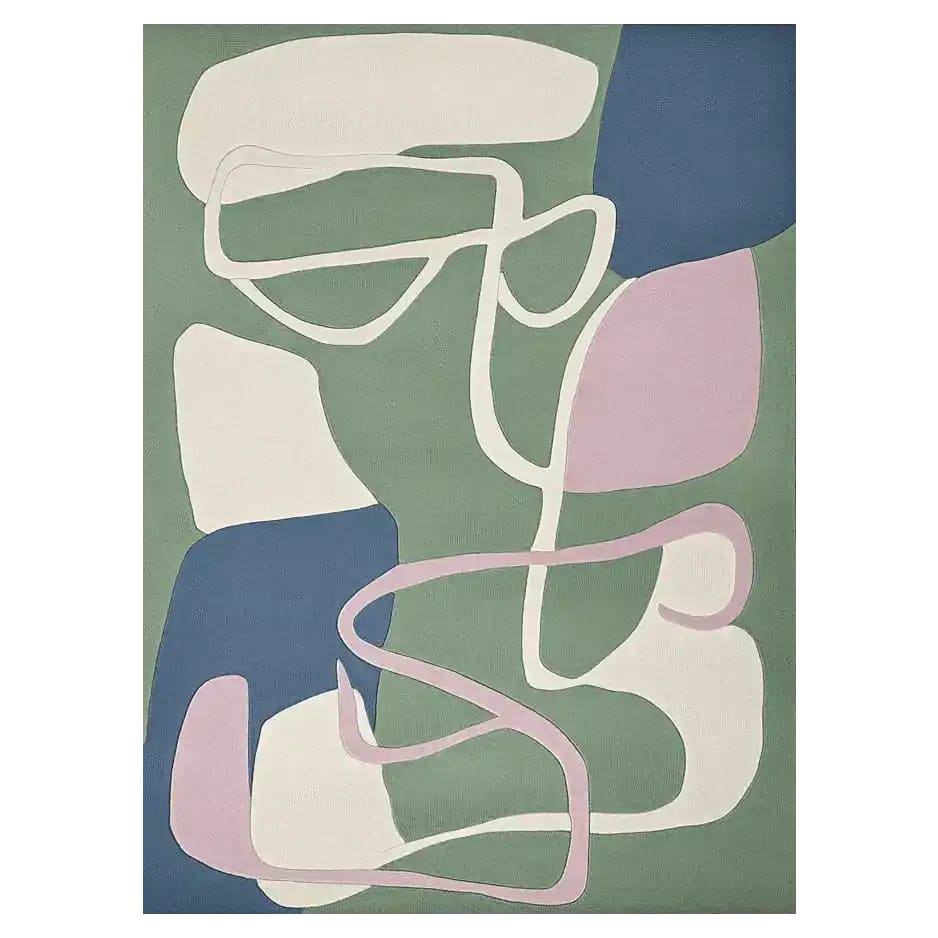 A contemporary area rug with an abstract design featuring soft pastel colors including green, blue, pink, and cream. This wool rug is perfect for large living rooms, sized at 8x10, and adds a modern touch to any space.