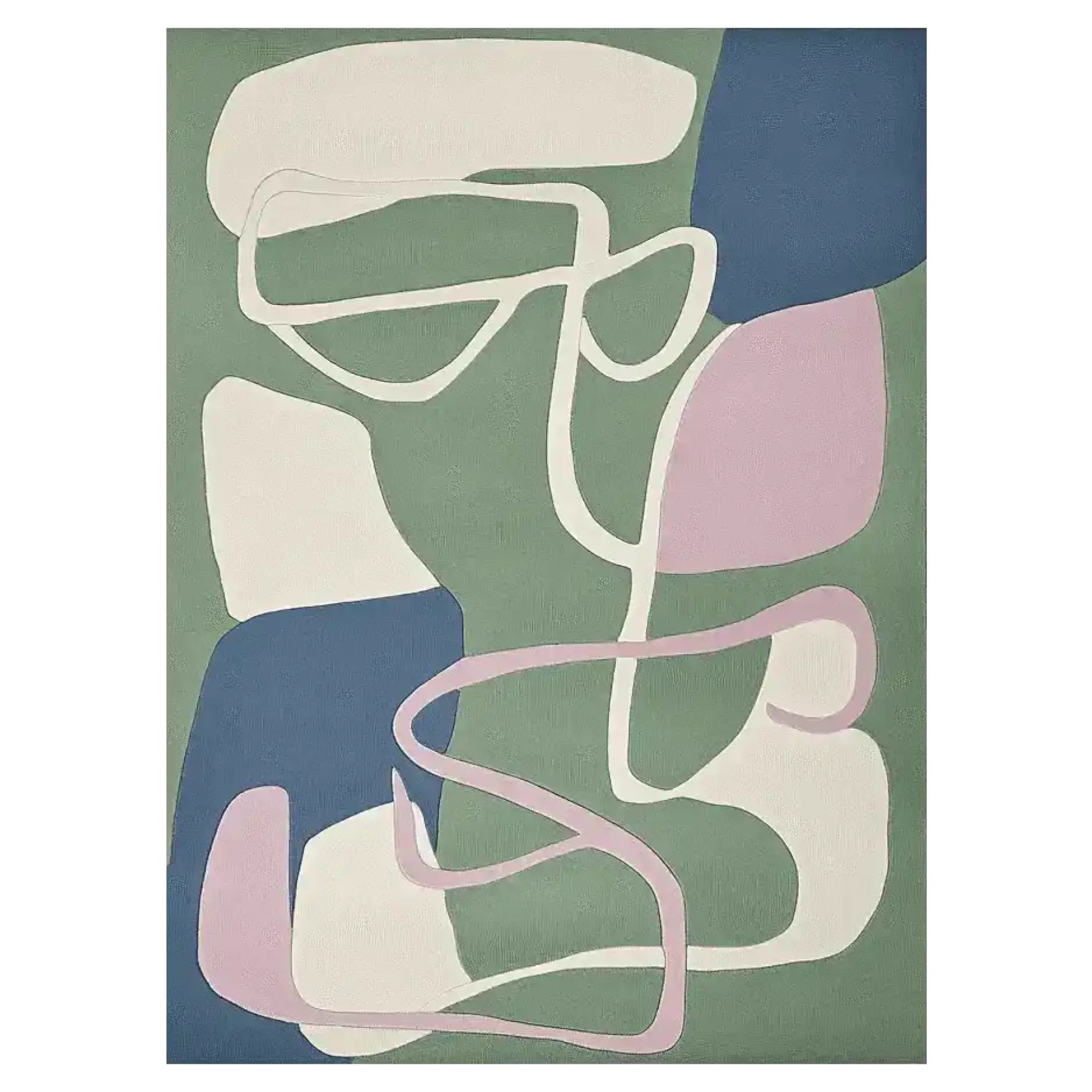 A contemporary area rug with an abstract design featuring soft pastel colors including green, blue, pink, and cream. This wool rug is perfect for large living rooms, sized at 8x10, and adds a modern touch to any space.