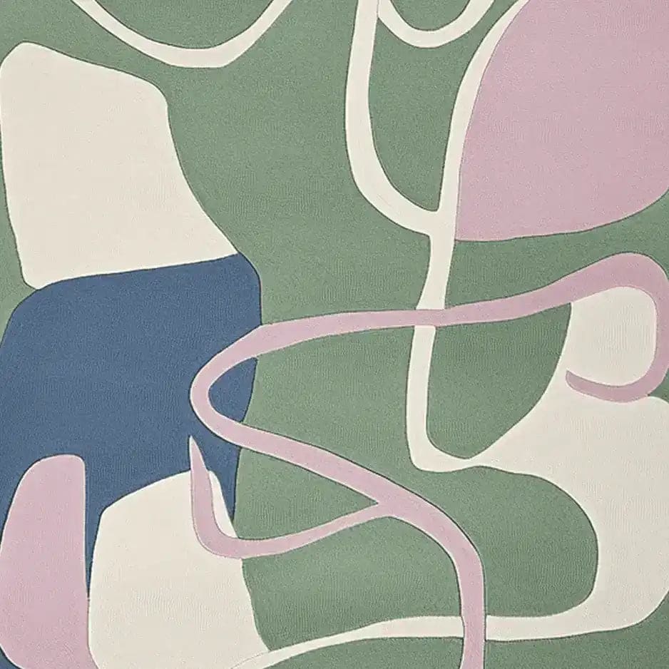 This stylish area rug features an abstract design with flowing lines and organic shapes in soft hues of green, pink, blue, and cream. Perfect for adding a modern touch to your living room, this wool rug is hand-tufted and measures 8x10, making it an ideal choice for those seeking contemporary large living room rugs.