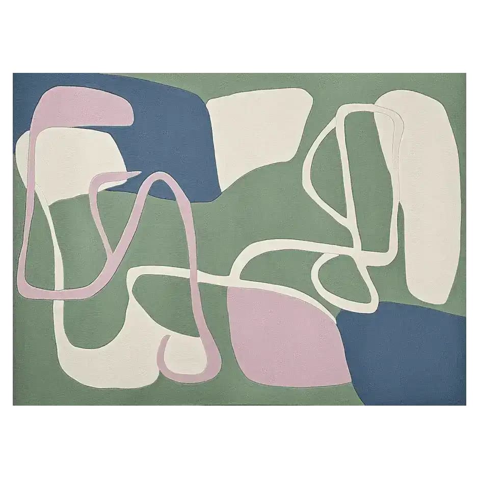 This contemporary area rug features an abstract design with flowing lines and shapes in soft pastel shades of pink, blue, and green. Perfect as a wool rug for living room spaces, it measures 8x10 and adds a modern touch to any decor. Ideal for those seeking large living room rugs with a unique flair.