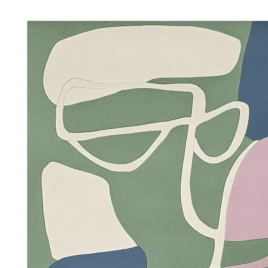 A contemporary wool area rug in an abstract design featuring shades of green, blue, and pink. Perfect for adding a modern touch to living rooms, this 8x10 hand-tufted rug offers a stylish and comfortable large area rug option.