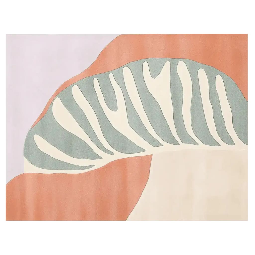 Top view of a contemporary area rug featuring an abstract palm design in soft pastel shades. This wool rug, ideal for large living rooms, adds a stylish touch to any space. Perfect for those seeking large living room rugs, this 8x10 rug combines modern aesthetics with comfortable texture.