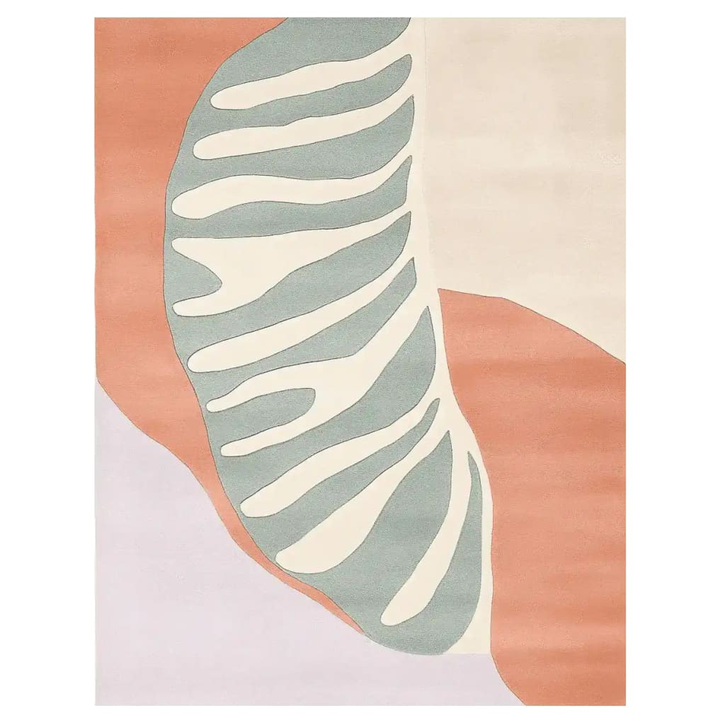 A beautifully designed Graphic Palm Mirage Hand Tufted Area Rug, showcasing a contemporary style with an abstract pattern. This large wool rug is perfect for adding a touch of elegance to spacious living rooms, especially in 8x10 dimensions. The soft pastel hues and unique palm-inspired design make it a standout piece among contemporary rugs.