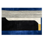 A contemporary area rug featuring bold, abstract stripes in deep blue, black, and ivory, accented with a touch of gold. This wool rug is perfect for adding a modern touch to large living rooms, measuring 8x10 feet.