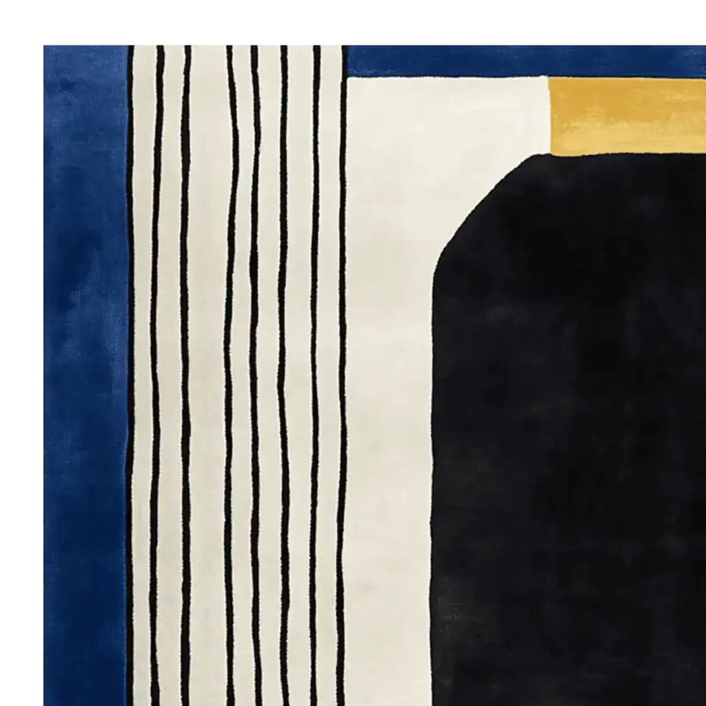 Close-up view of the Graphic Stripe Dream Hand Tufted Area Rug showcasing its contemporary design. The wool rug features a bold mix of black, white, blue, and gold colors with abstract stripes, perfect for large living room spaces. Ideal as a living room rug in an 8x10 size.