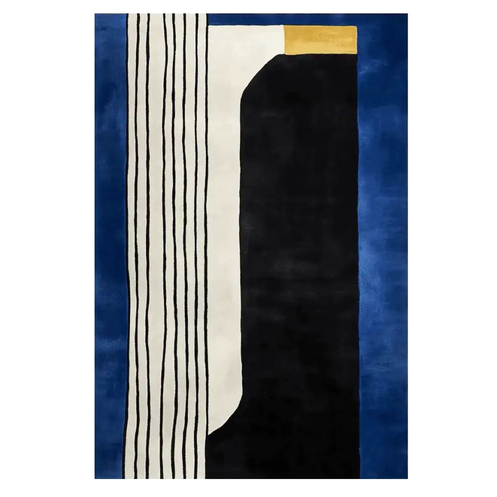 Top view of the Graphic Stripe Dream Hand Tufted Area Rug featuring bold abstract patterns with a striking combination of black, white, and blue hues. This contemporary wool rug is perfect for large living rooms, available in 8x10 size.