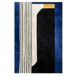 Top view of the Graphic Stripe Dream Hand Tufted Area Rug featuring bold abstract patterns with a striking combination of black, white, and blue hues. This contemporary wool rug is perfect for large living rooms, available in 8x10 size.