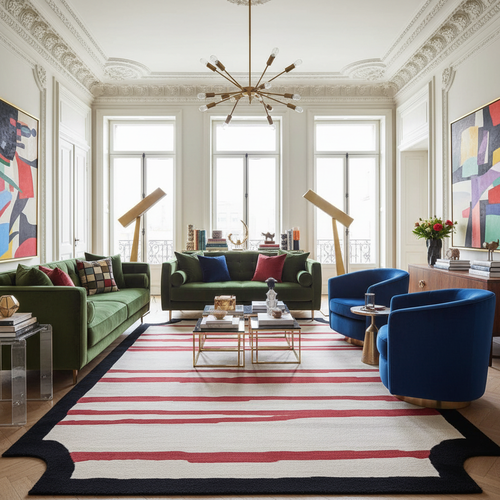 Modern living room with green sofas, blue chairs, and a colorful rug.
