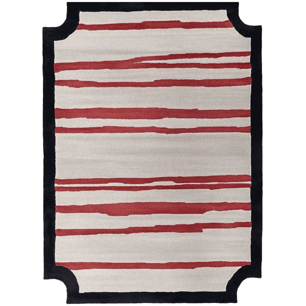 Graphic Stripes Hand Tufted Area Rug showcasing bold red stripes on a cream background with black borders. This contemporary wool rug is perfect for large living room spaces, adding a modern touch to any decor. Ideal for those seeking stylish rugs for the living room.