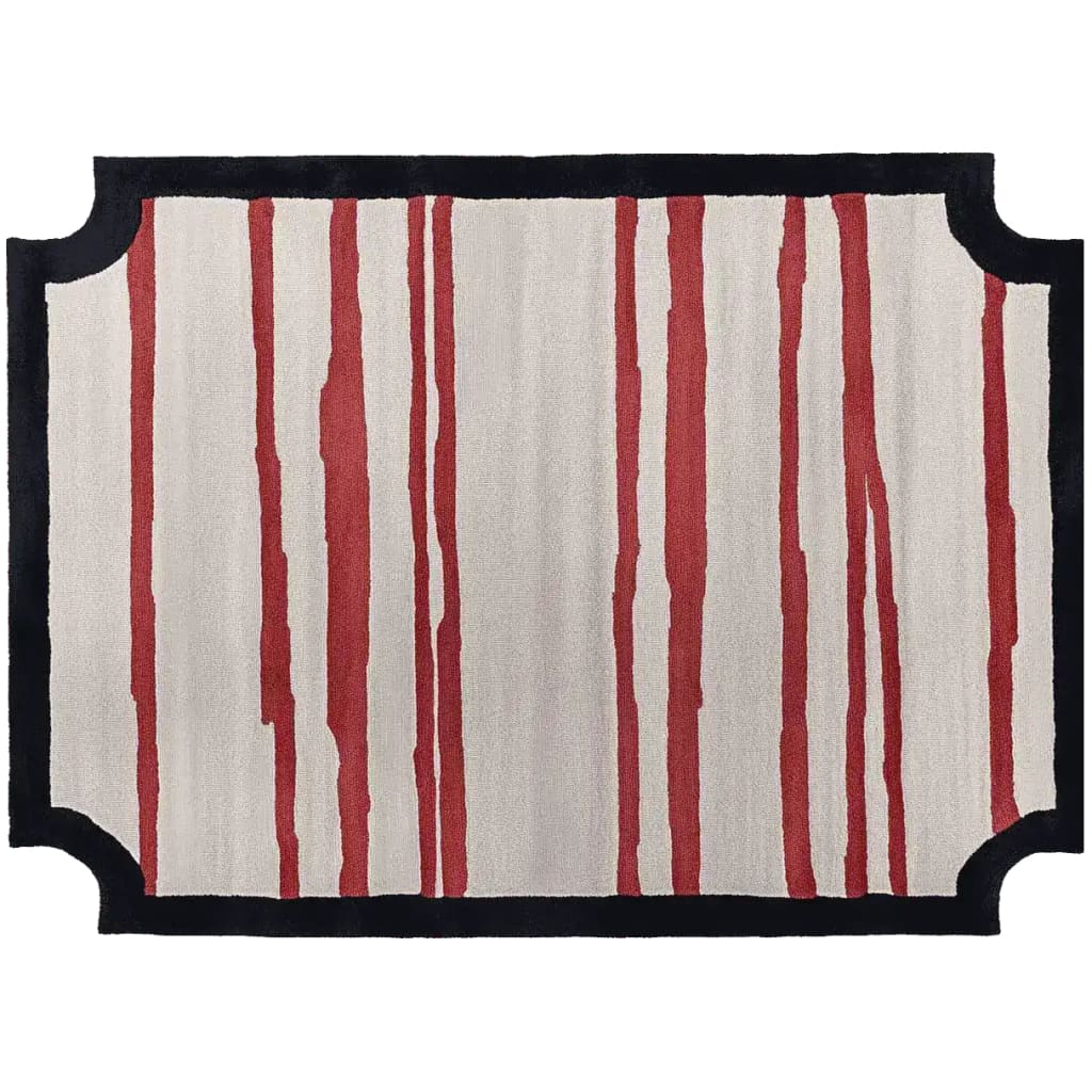 Contemporary area rug with a bold design of red vertical stripes on a beige background, bordered by a black edge. This wool rug is perfect for large living rooms, adding a modern touch to your space.