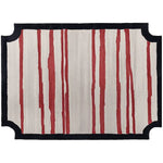 Contemporary area rug with a bold design of red vertical stripes on a beige background, bordered by a black edge. This wool rug is perfect for large living rooms, adding a modern touch to your space.