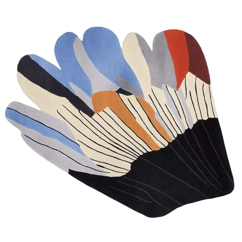 Vibrant Graphic Wing Flow Hand Tufted Area Rug featuring an abstract design with black, blue, orange, and cream colors. Perfect for adding a contemporary touch to large living room spaces, this wool rug is both stylish and functional.