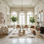 Luxurious living room with elegant decor, including a chandelier, sofas, a contemporary hand-tufted wool rug, and decorative elements.