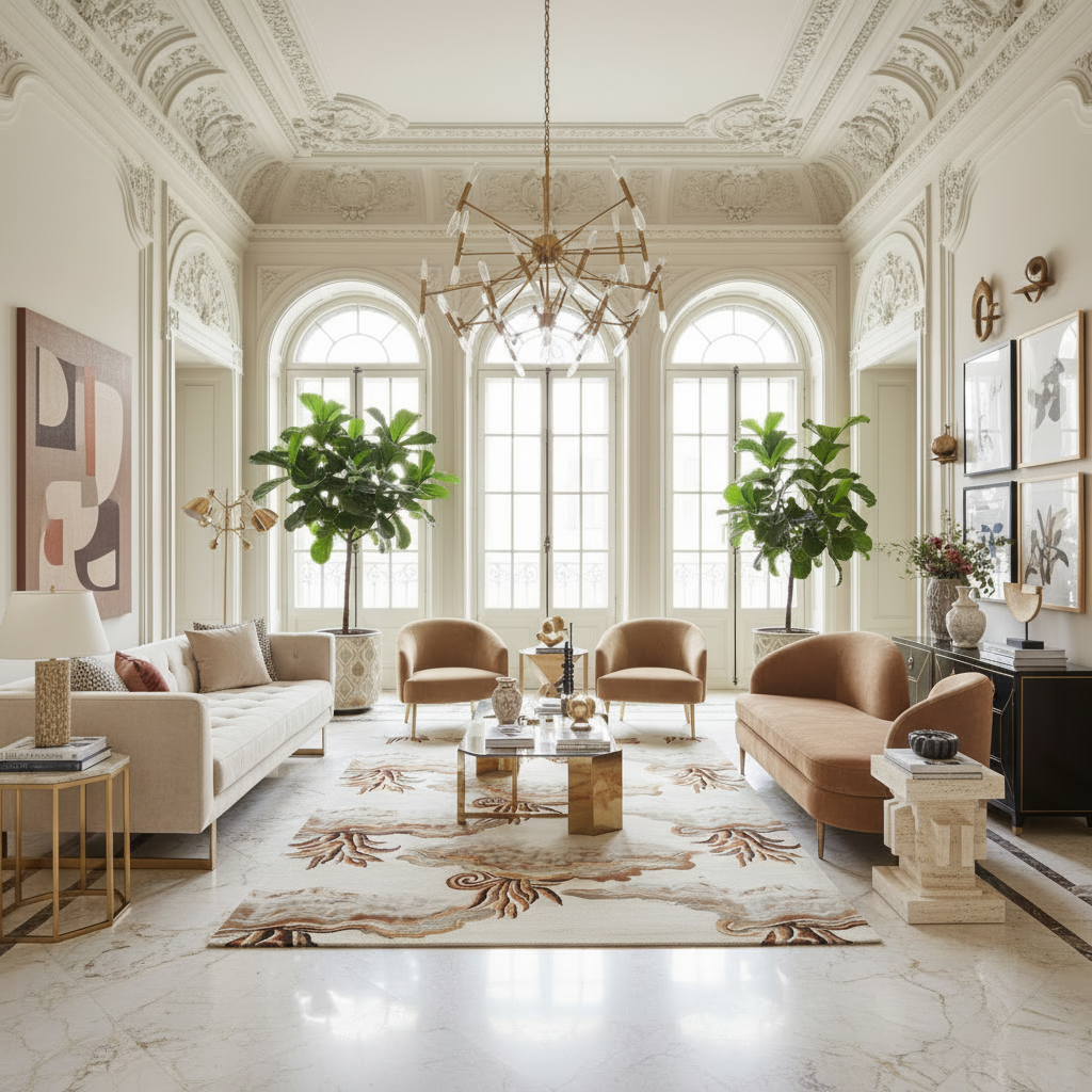 Luxurious living room with elegant decor, including a chandelier, sofas, a contemporary hand-tufted wool rug, and decorative elements.