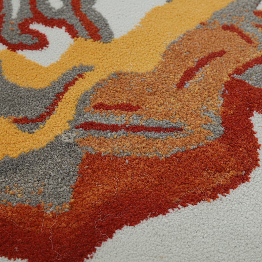 Close-up of a colorful patterned rug with red, orange, yellow, and gray colors.