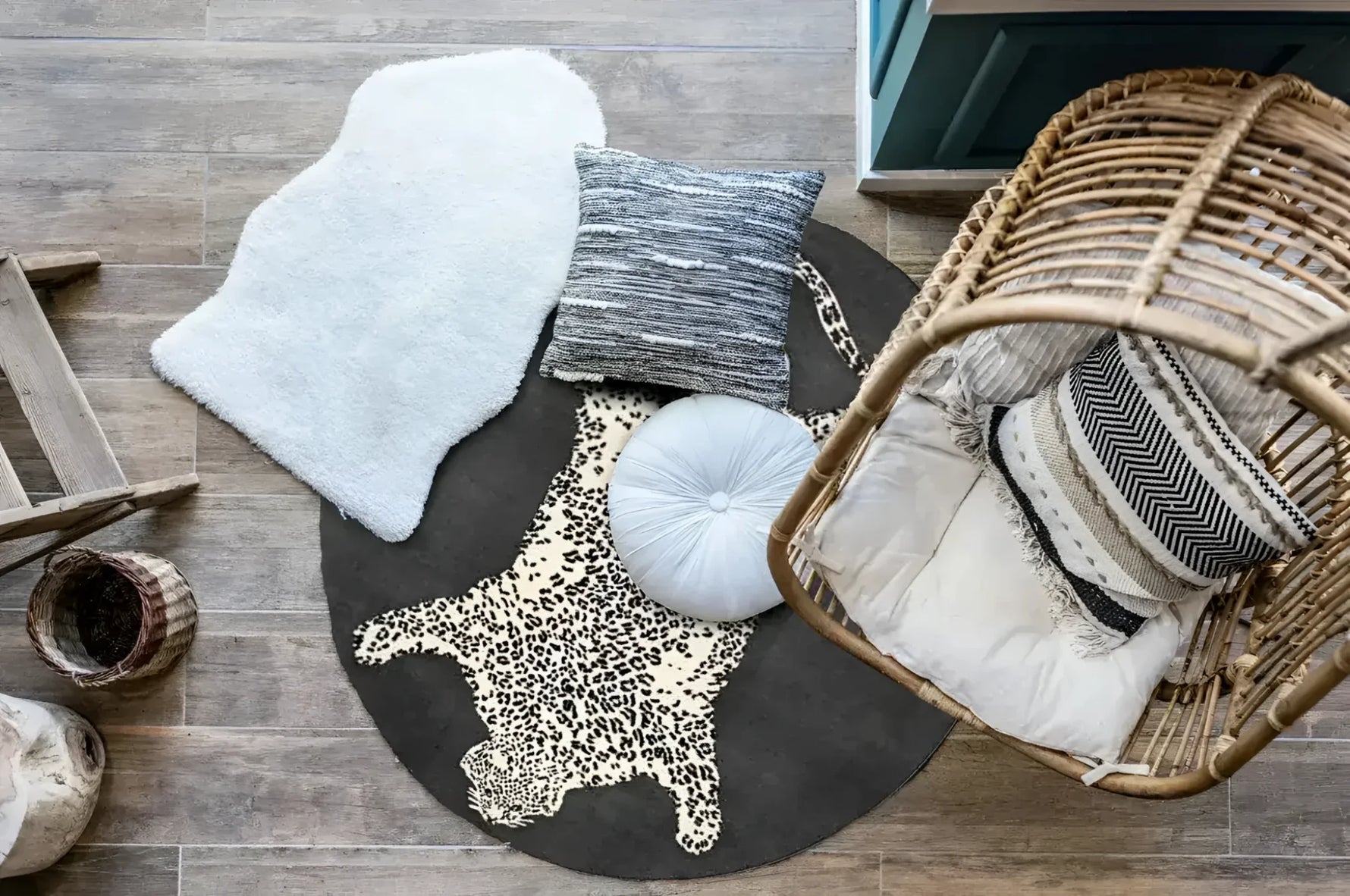 Top view of a stylish gray 3D printed wild cat round rug measuring 5'2", perfect for large living room spaces. The area rug features an abstract design of a wild cat on a dark background, beautifully complementing modern decor in an inviting living space.