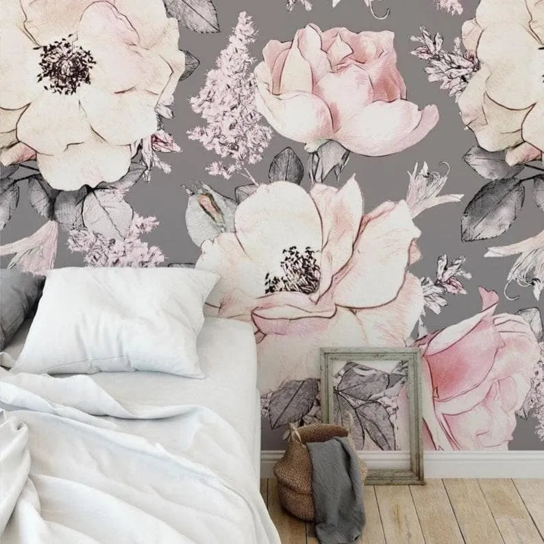 Gray and Blush Oversized Flowers Wallpaper